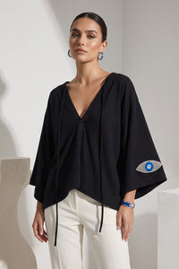 Oversize Μπλούζα με Κέντημα Μάτι – Μαύρη
