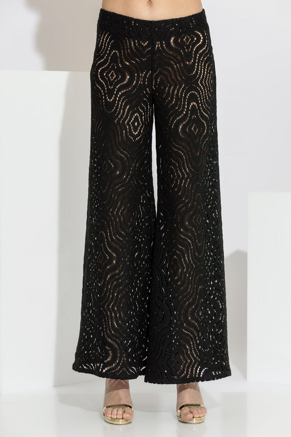μαύρη παντελόνα από πλεκτή δαντέλα με γεωμετρικό σχέδιο και μακριά γραμμή