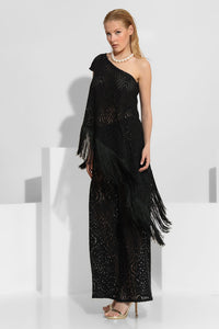 μαύρη παντελόνα από πλεκτή δαντέλα με γεωμετρικό σχέδιο και μακριά γραμμή