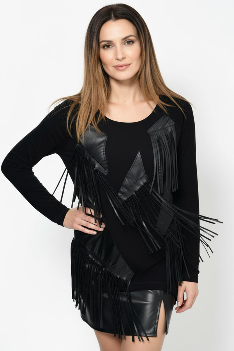 Μαύρη μπλούζα με δερματίνη και κρόσσια – Ellisargi Boutique