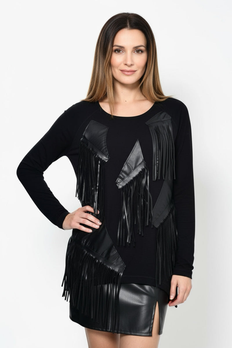 Μαύρη μπλούζα με δερματίνη και κρόσσια – Ellisargi Boutique