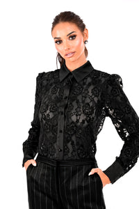 Μαύρο δαντελένιο πουκάμισο με κλασικό γιακά, κουμπιά μπροστά και μακριά μανίκια από Ellisargi Boutique