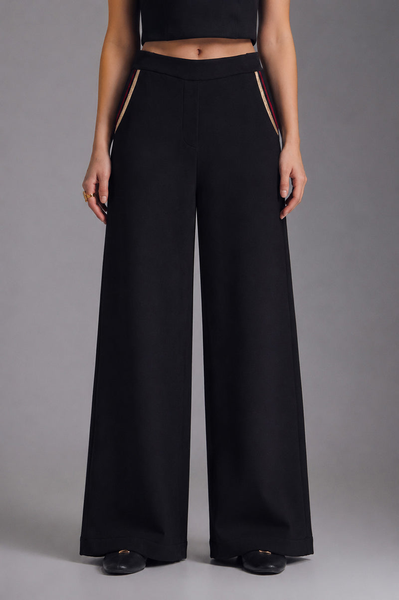 Γυναικείο Μαύρο Παντελόνι Wide Leg με Ριγέ Λεπτομέρεια