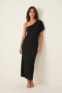 Μαύρο μάξι one shoulder γυναικείο φόρεμα με διακριτική metallic λάμψη και εφαρμοστή γραμμή.