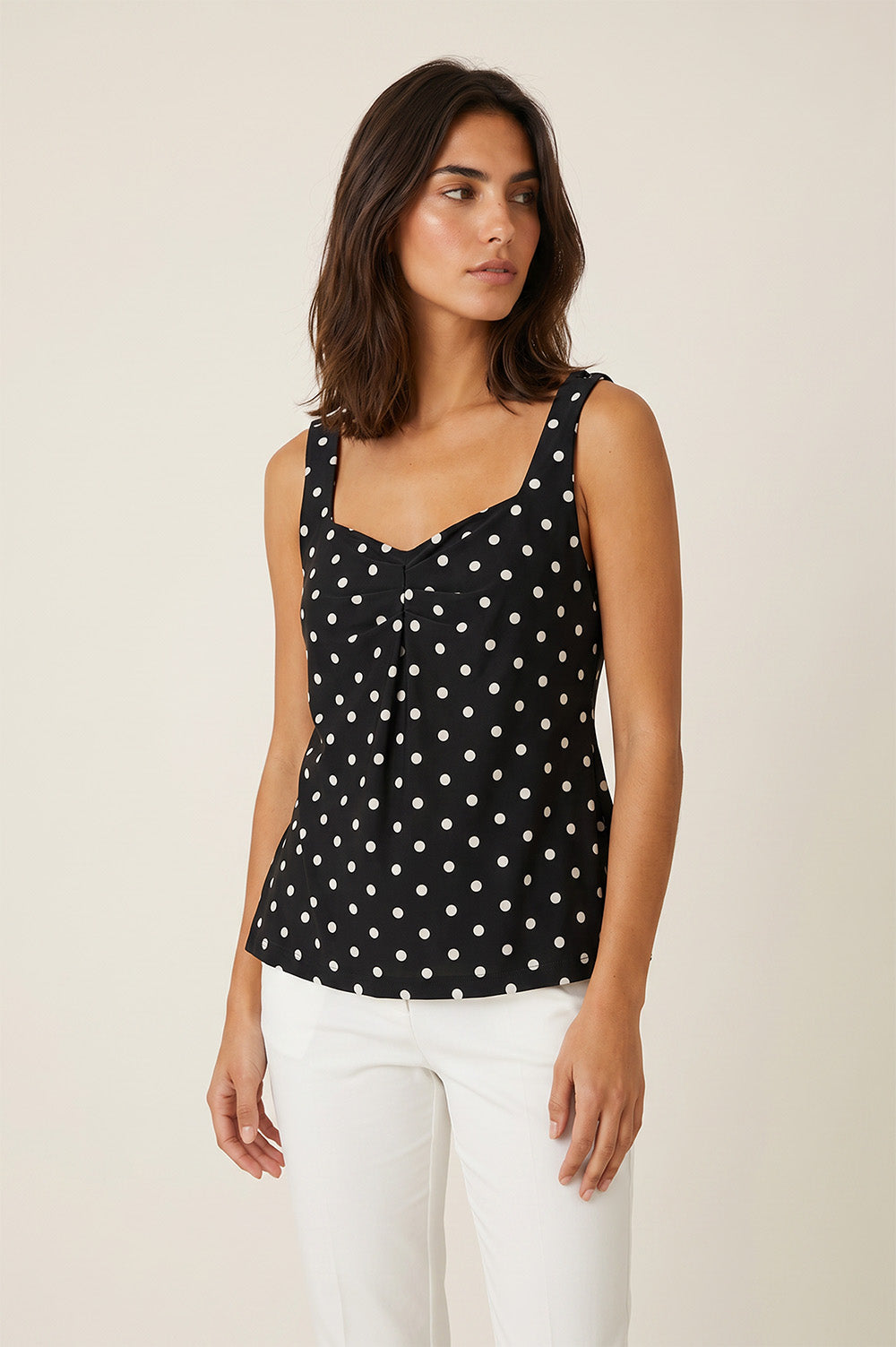 Μαύρο Πουά Satin Top με Φαρδιά Τιράντα