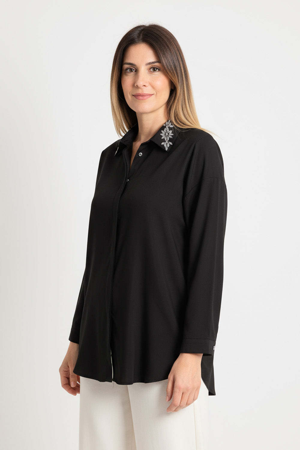 Μαύρο πουκάμισο με στρας στον γιακά – Ellisargi Boutique