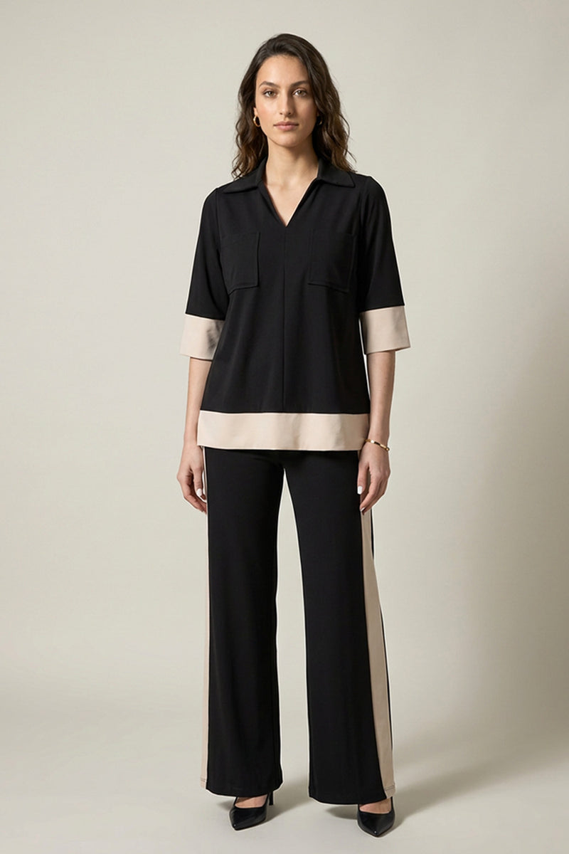 Μαύρο γυναικείο σετ με μπεζ λεπτομέρειες και wide leg παντελόνι