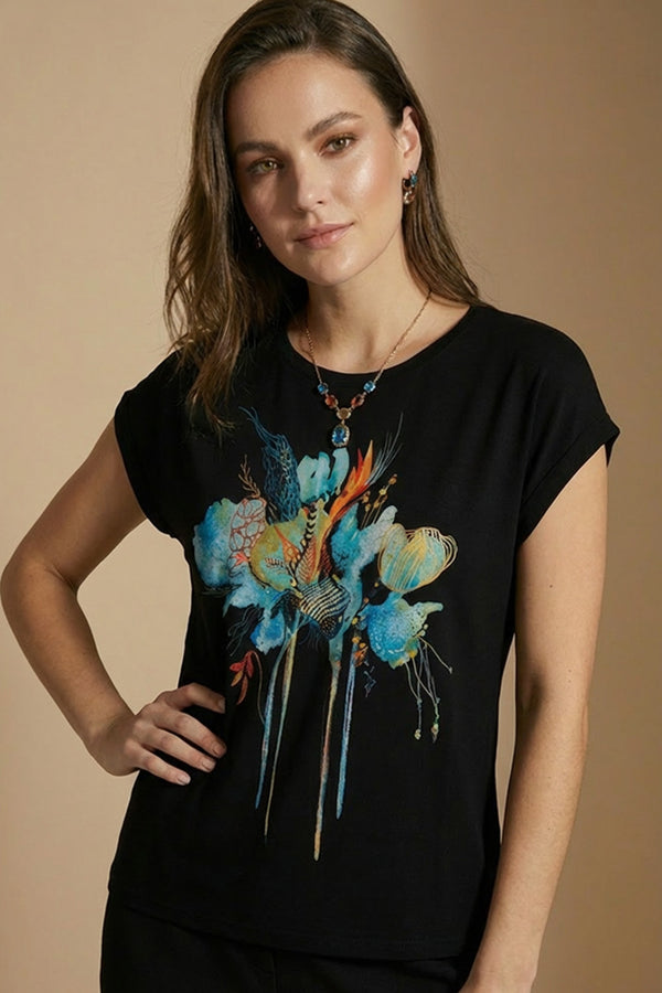 Βαμβακερό T-Shirt Μαύρο με Καλλιτεχνικό Print