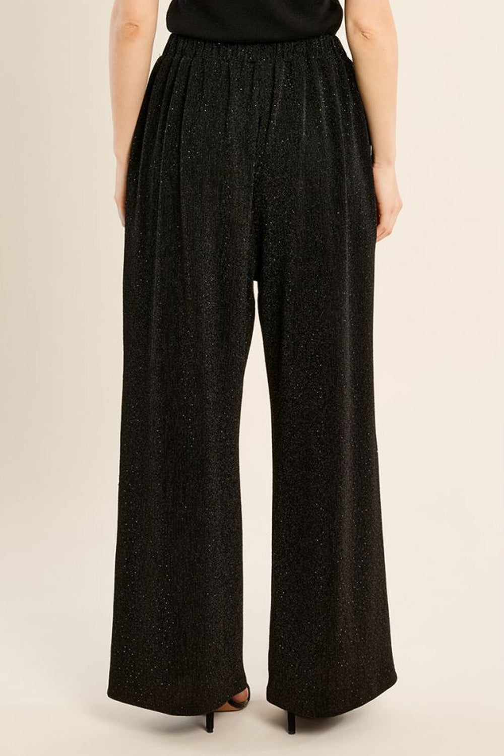 Μαύρο γυναικείο wide leg παντελόνι με lurex, ελαστική μέση και κορδόνι