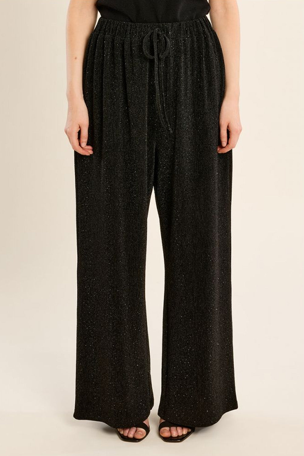 Μαύρο γυναικείο wide leg παντελόνι με lurex, ελαστική μέση και κορδόνι