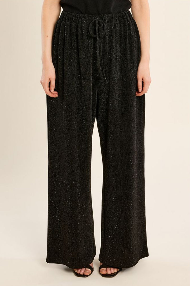 Μαύρο γυναικείο wide leg παντελόνι με lurex, ελαστική μέση και κορδόνι