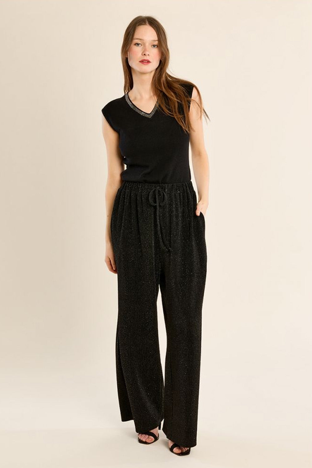 Μαύρο γυναικείο wide leg παντελόνι με lurex, ελαστική μέση και κορδόνι