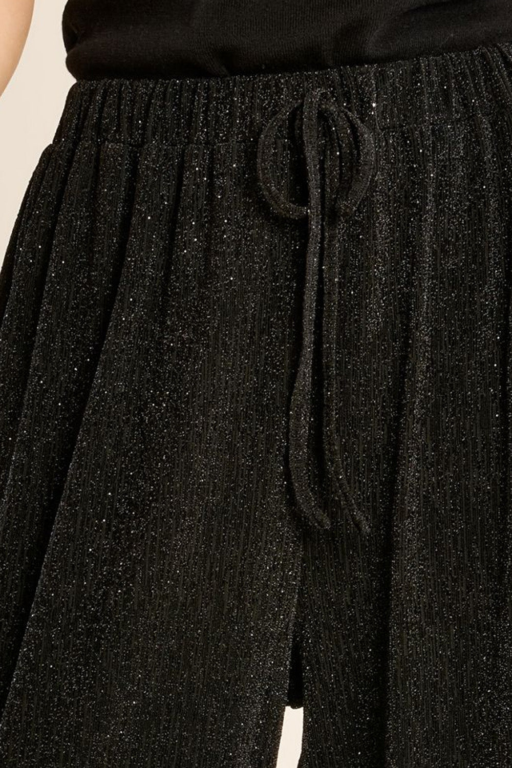 Μαύρο γυναικείο wide leg παντελόνι με lurex, ελαστική μέση και κορδόνι