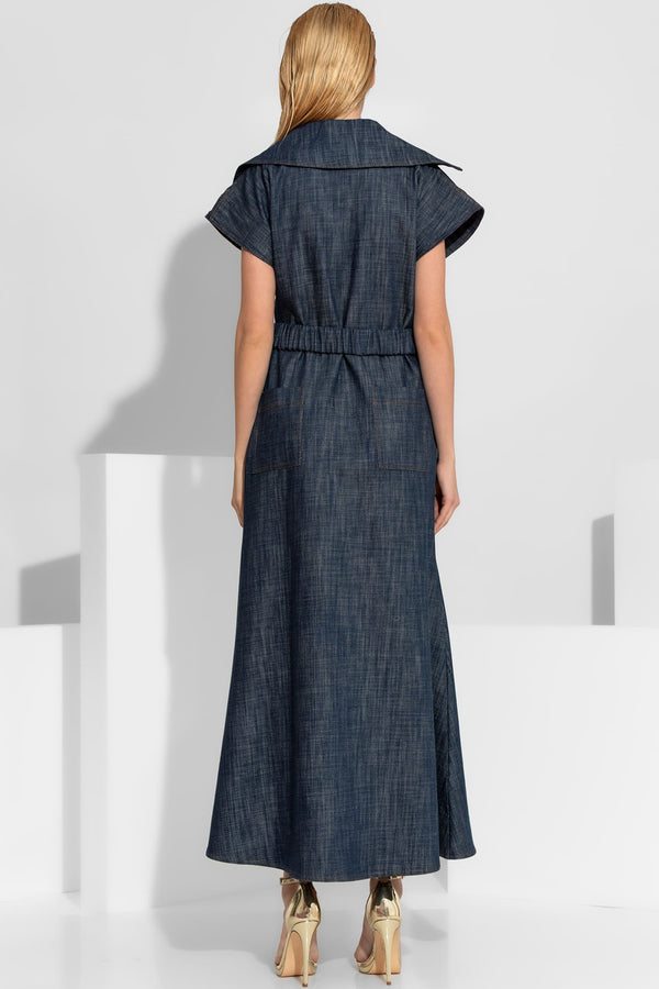 μάξι τζιν φόρεμα cargo με κεντημένα κρύσταλλα και φερμουάρ