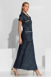 μάξι τζιν φόρεμα cargo με κεντημένα κρύσταλλα και φερμουάρ