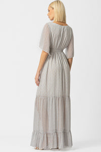 Γυναικείο maxi φόρεμα εκρού με μικρό print, δέσιμο στο λαιμό και βολάν στο τελείωμα