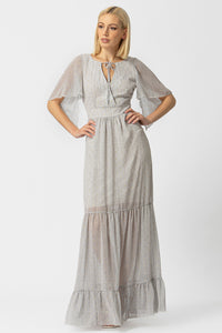 Γυναικείο maxi φόρεμα εκρού με μικρό print, δέσιμο στο λαιμό και βολάν στο τελείωμα