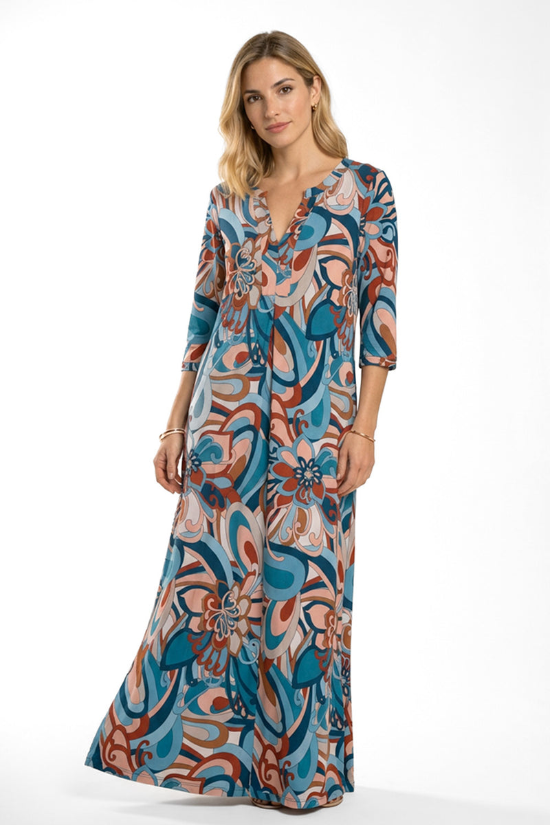 Maxi φόρεμα εμπριμέ σε τιρκουάζ και γήινες αποχρώσεις με μανίκια 3/4