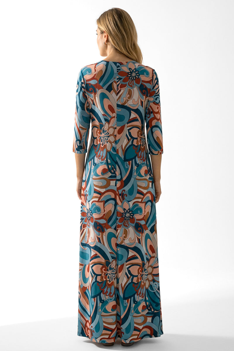 Maxi φόρεμα εμπριμέ σε τιρκουάζ και γήινες αποχρώσεις με μανίκια 3/4