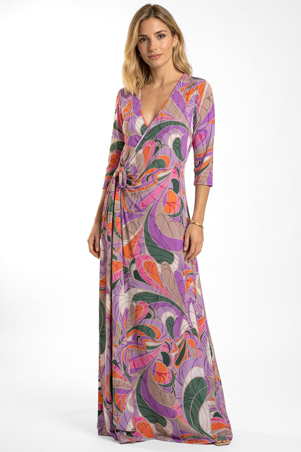 Μάξι φόρεμα κρουαζέ με πολύχρωμο abstract print σε μωβ αποχρώσεις και δέσιμο στη μέση