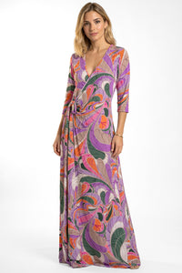 Μάξι φόρεμα κρουαζέ με πολύχρωμο abstract print σε μωβ αποχρώσεις και δέσιμο στη μέση