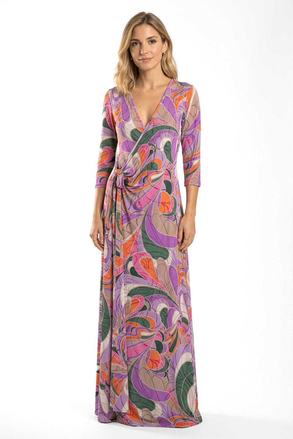 Μάξι φόρεμα κρουαζέ με πολύχρωμο abstract print σε μωβ αποχρώσεις και δέσιμο στη μέση