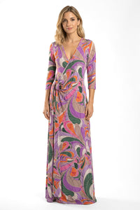 Μάξι φόρεμα κρουαζέ με πολύχρωμο abstract print σε μωβ αποχρώσεις και δέσιμο στη μέση