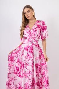 Μάξι φόρεμα λευκό με ροζ floral τύπωμα, ζώνη στη μέση και κοντά βολάν μανίκια