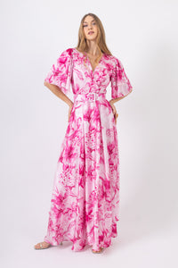 Μάξι φόρεμα λευκό με ροζ floral τύπωμα, ζώνη στη μέση και κοντά βολάν μανίκια