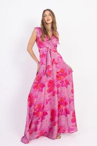 Maxi Φόρεμα Ροζ Floral με Ζώνη