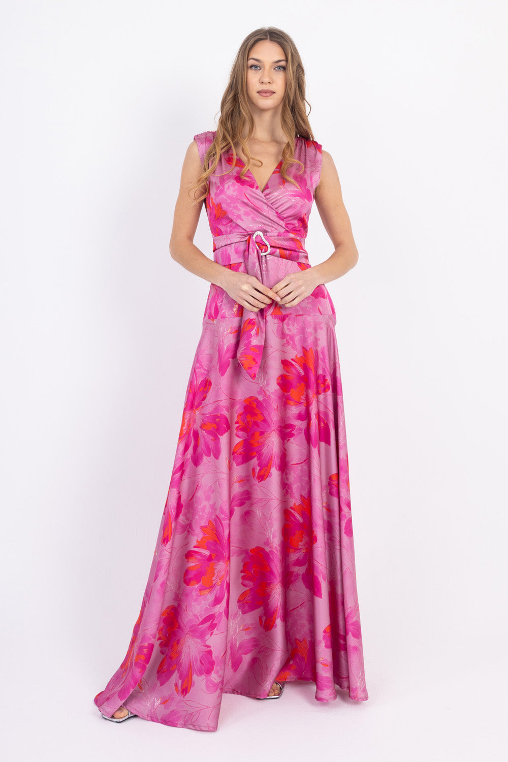 Maxi Φόρεμα Ροζ Floral με Ζώνη