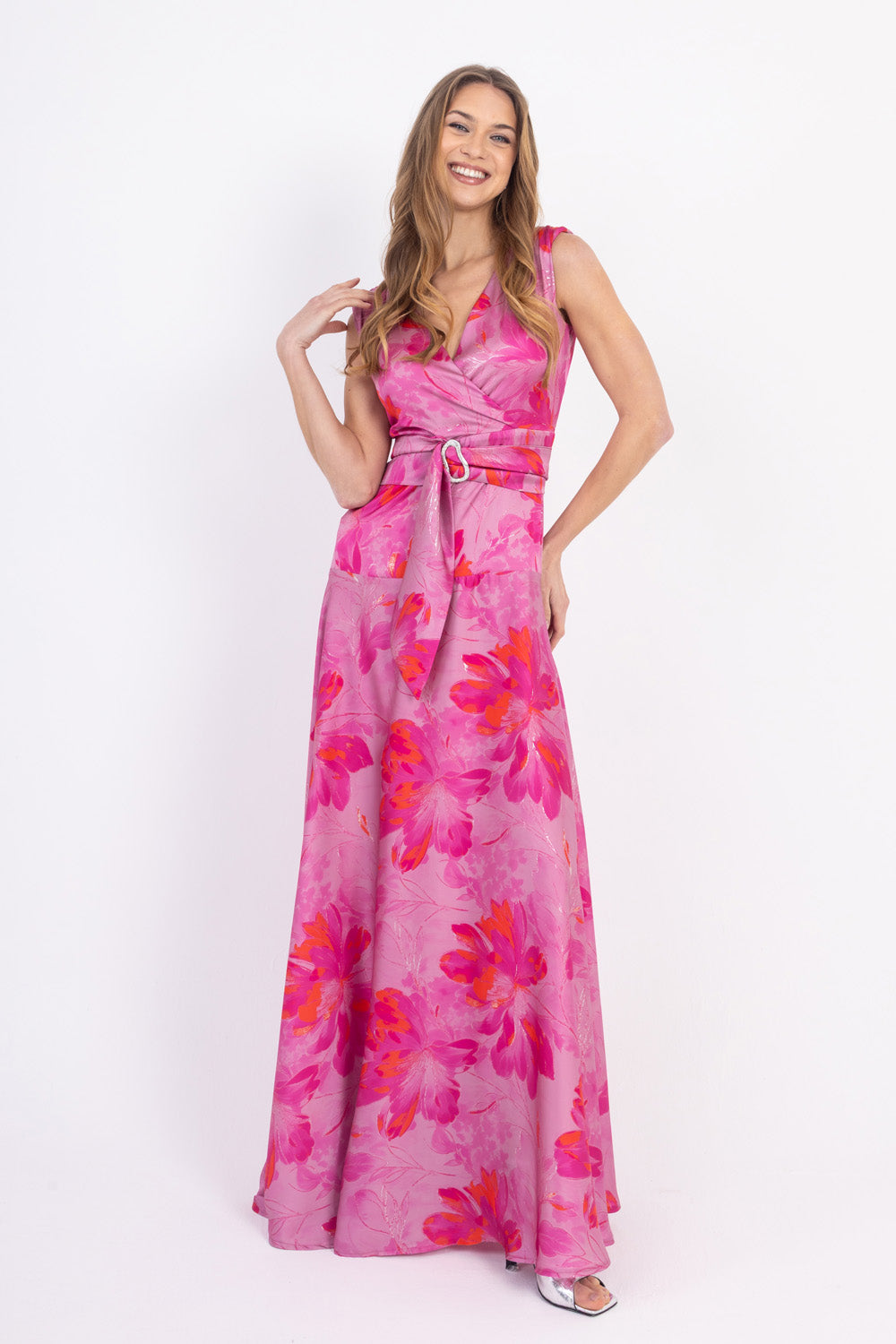 Maxi Φόρεμα Ροζ Floral με Ζώνη