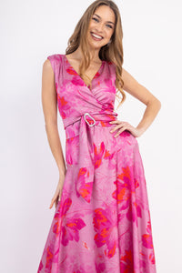 Maxi Φόρεμα Ροζ Floral με Ζώνη