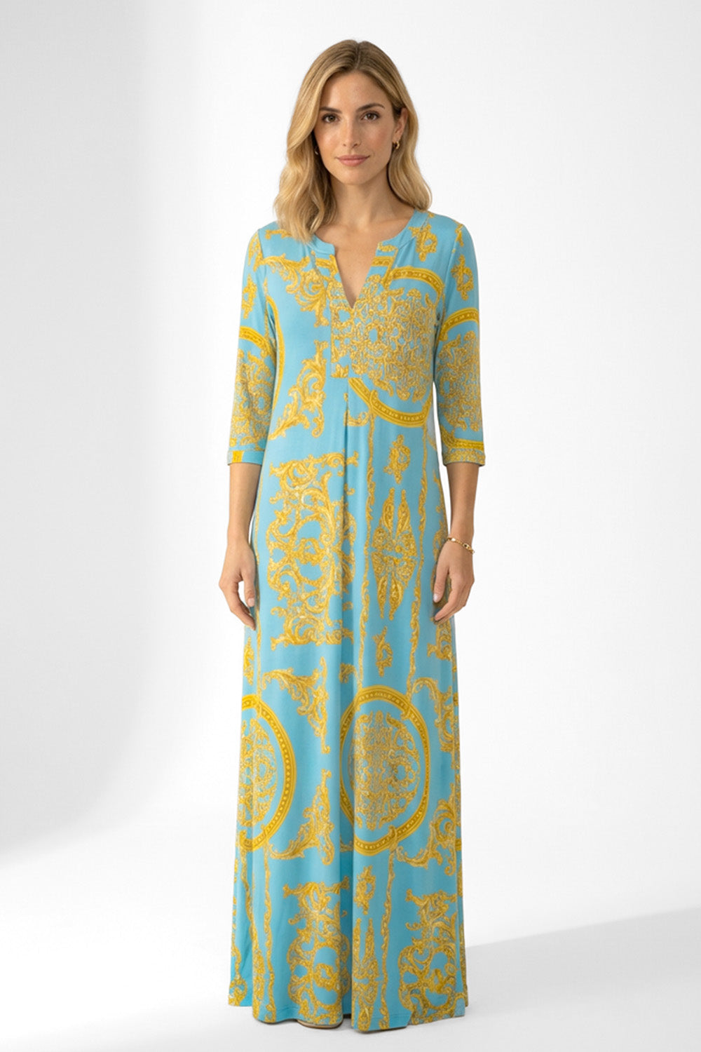 Μάξι Φόρεμα Τιρκουάζ με Χρυσό Baroque Print