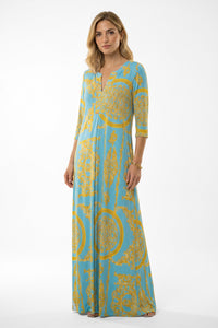 Μάξι Φόρεμα Τιρκουάζ με Χρυσό Baroque Print