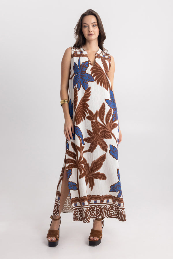 Μάξι φόρεμα με tropical botanical print σε εκρού βάση και μπλε λεπτομέρειες