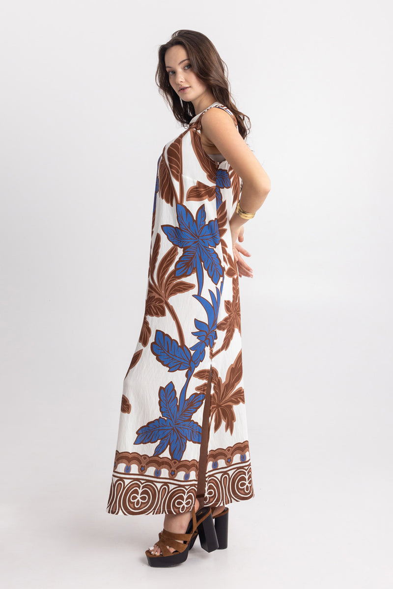 Μάξι φόρεμα με tropical botanical print σε εκρού βάση και μπλε λεπτομέρειες