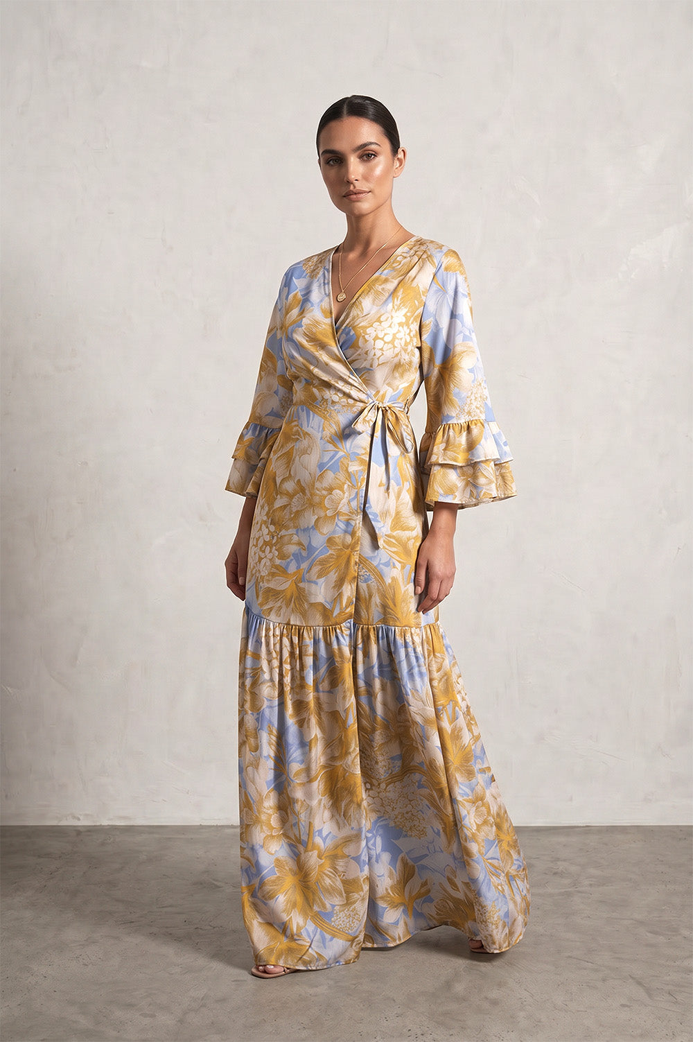 Μάξι Κρουαζέ Φόρεμα με Floral Print και Βολάν