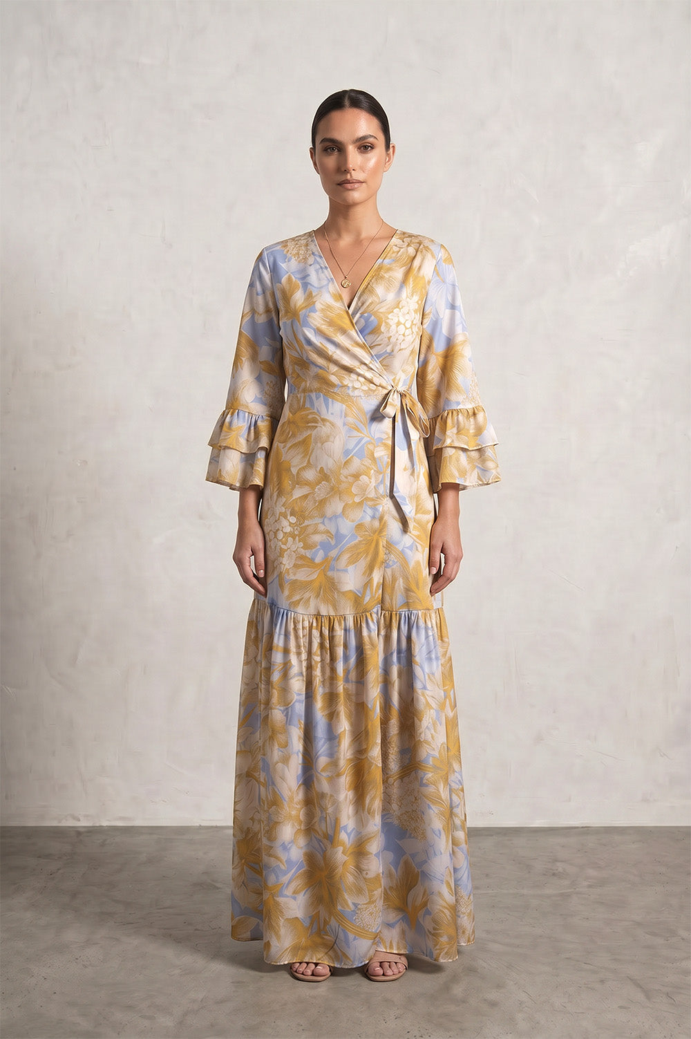 Μάξι Κρουαζέ Φόρεμα με Floral Print και Βολάν
