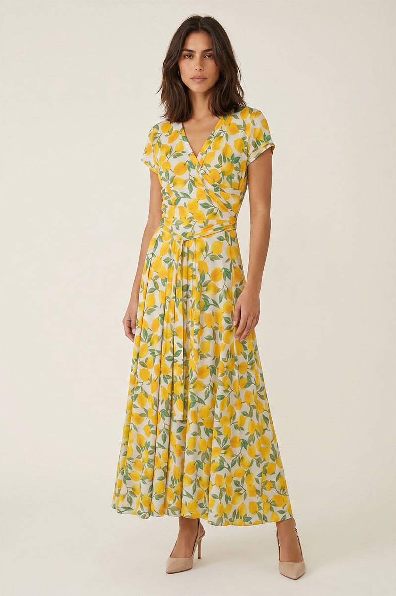 Μάξι κρουαζέ φόρεμα με lemon print σε λευκή βάση και υφασμάτινη ζώνη στη μέση