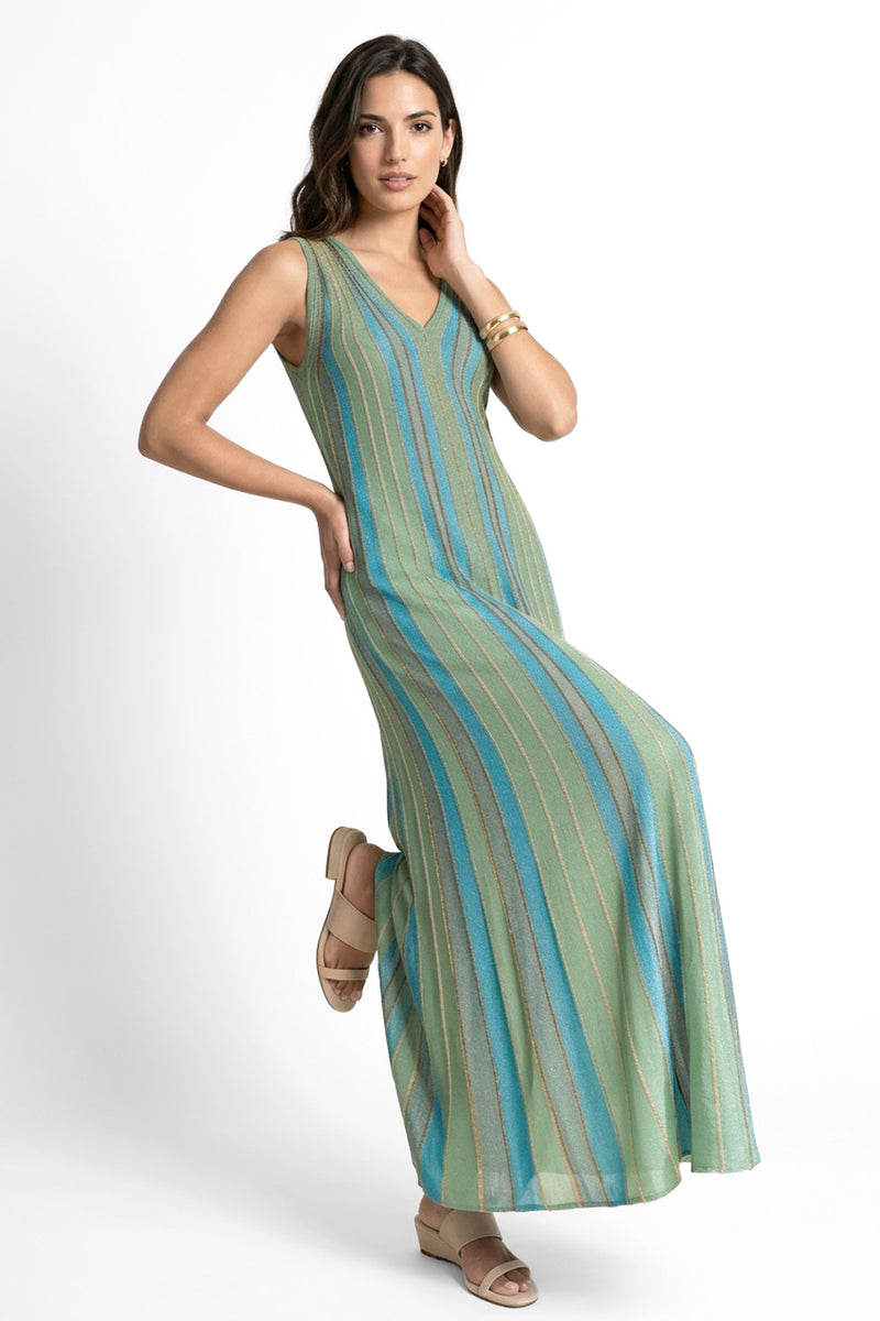 Μάξι lurex φόρεμα με πολύχρωμες κάθετες ρίγες σε πράσινο και γαλάζιο με V λαιμόκοψη