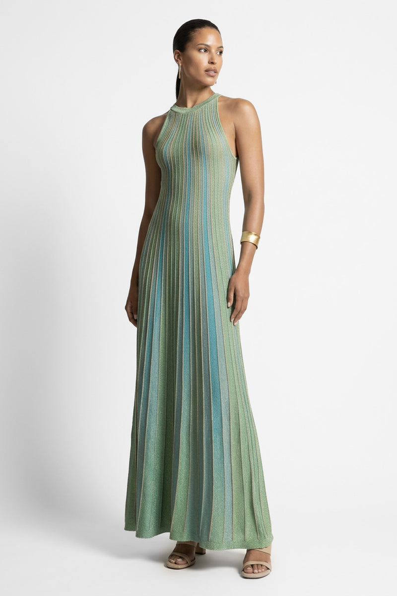 Μάξι lurex ριπ φόρεμα με κάθετες πολύχρωμες ρίγες σε πράσινο και γαλάζιο αμάνικο με κλειστή λαιμόκοψη