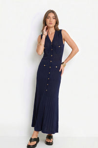 Maxi Πλεκτό Φόρεμα Navy με Χρυσά Κουμπιά