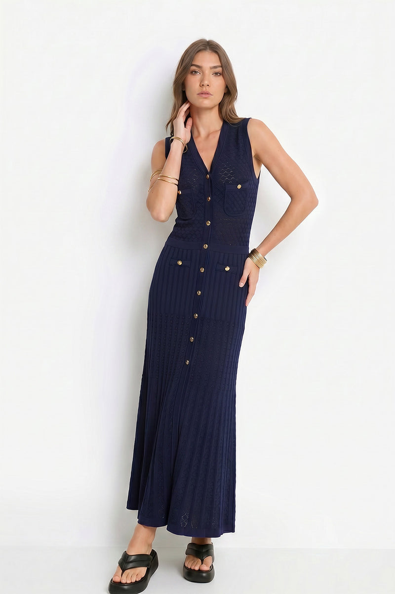 Maxi Πλεκτό Φόρεμα Navy με Χρυσά Κουμπιά