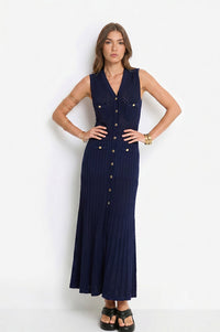 Maxi Πλεκτό Φόρεμα Navy με Χρυσά Κουμπιά