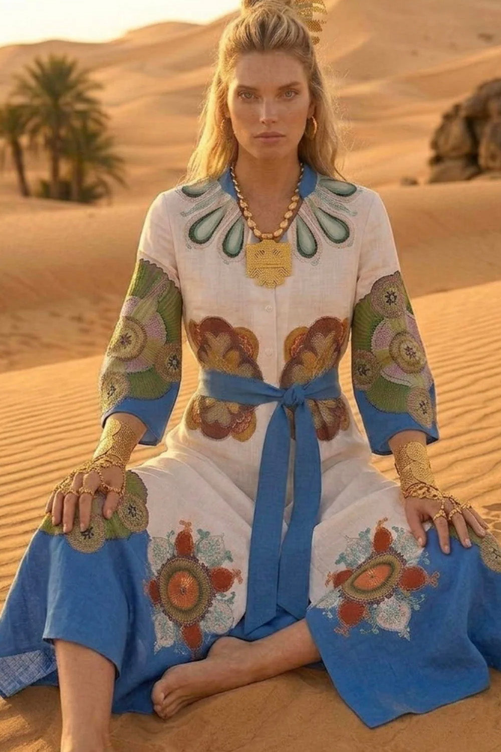 Maxi σεμιζιέ φόρεμα σε λευκή βάση με πολύχρωμο boho print, μανίκια 3/4 και αποσπώμενη μπλε ζώνη.