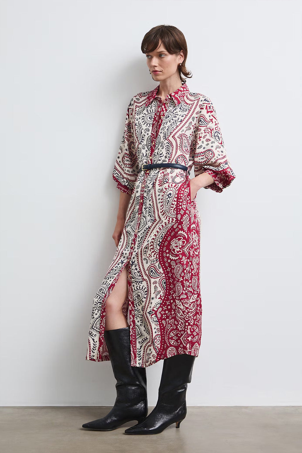 Γυναικείο maxi σεμιζιέ φόρεμα Paisley Rouge σε ivory, κόκκινο και navy