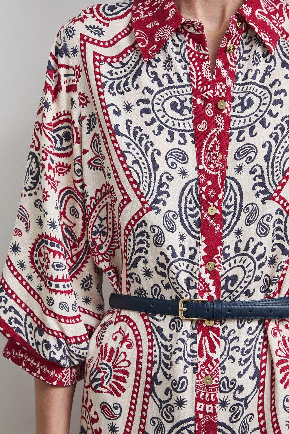 Γυναικείο maxi σεμιζιέ φόρεμα Paisley Rouge σε ivory, κόκκινο και navy