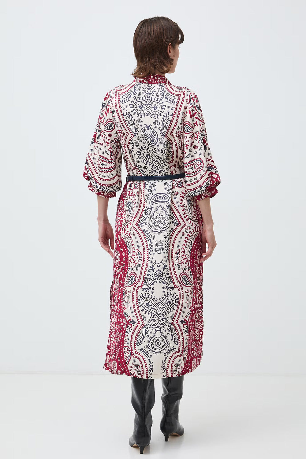 Γυναικείο maxi σεμιζιέ φόρεμα Paisley Rouge σε ivory, κόκκινο και navy
