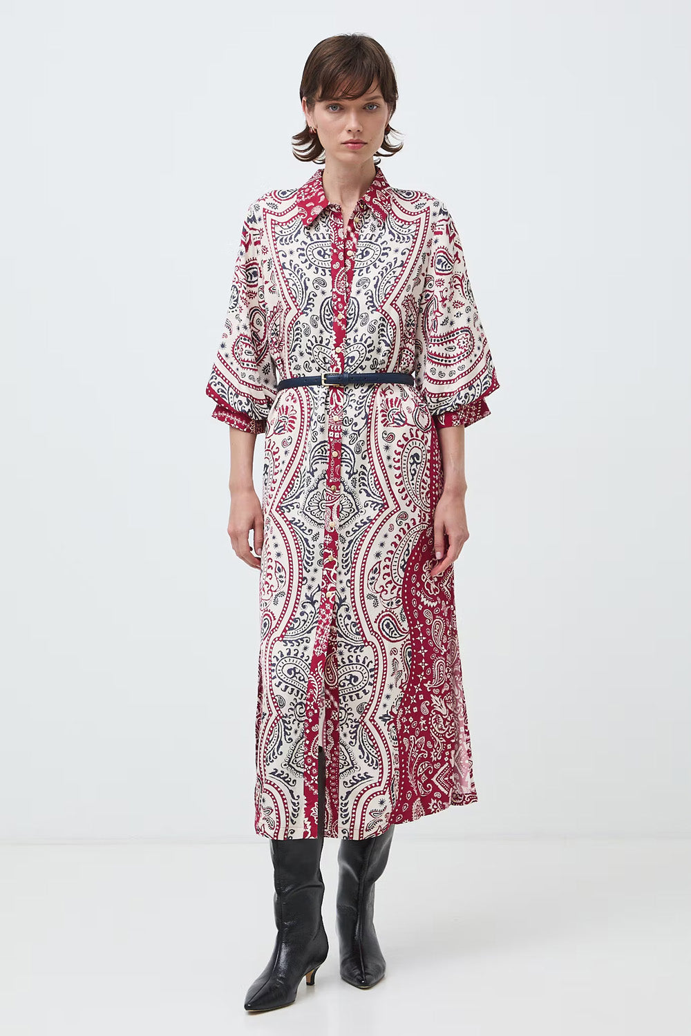 Γυναικείο maxi σεμιζιέ φόρεμα Paisley Rouge σε ivory, κόκκινο και navy